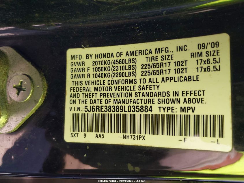 2009 Honda Cr-V Lx VIN: 5J6RE38389L035884 Lot: 43272484