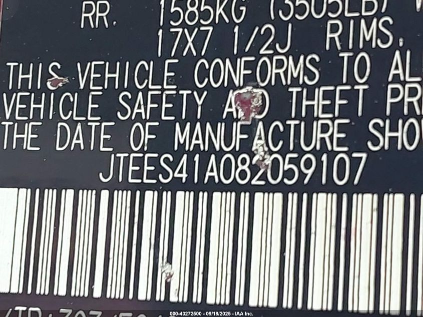 2008 Toyota Highlander VIN: JTEES41A082059107 Lot: 43272500