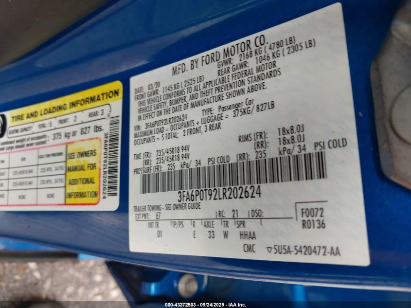 2020 Ford Fusion Se VIN: 3FA6P0T92LR202624 Lot: 43272503