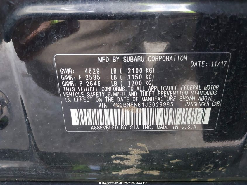 2018 Subaru Legacy 3.6R Limited VIN: 4S3BNEN61J3023985 Lot: 43272502