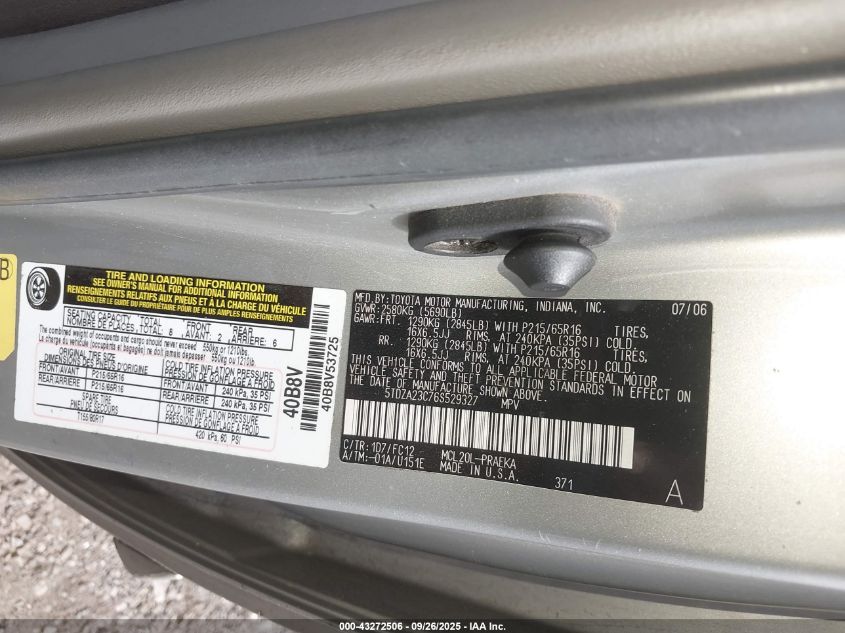 2006 Toyota Sienna Le VIN: 5TDZA23C76S529327 Lot: 43272506