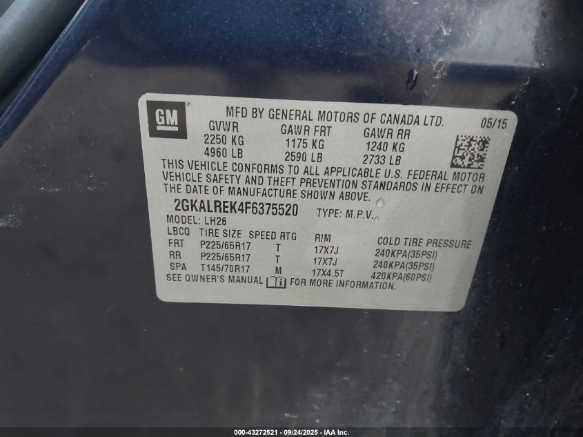 2015 GMC Terrain Sle-2 VIN: 2GKALREK4F6375520 Lot: 43272521