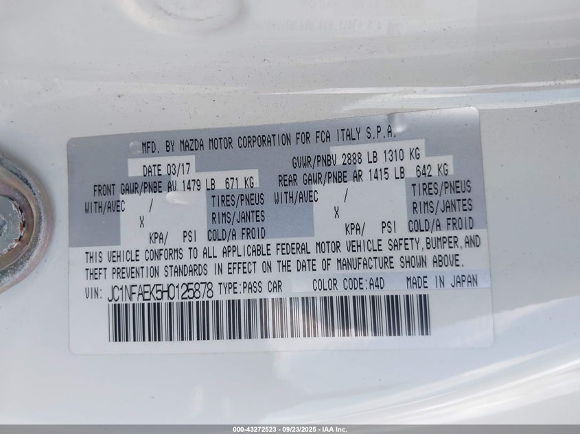 2017 FIAT 124 SPIDER LUSSO JC1NFAEK5H0125878