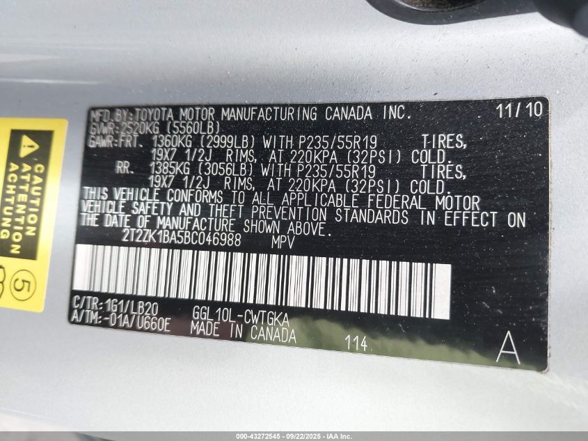 2011 Lexus Rx 350 VIN: 2T2ZK1BA5BC046988 Lot: 43272545