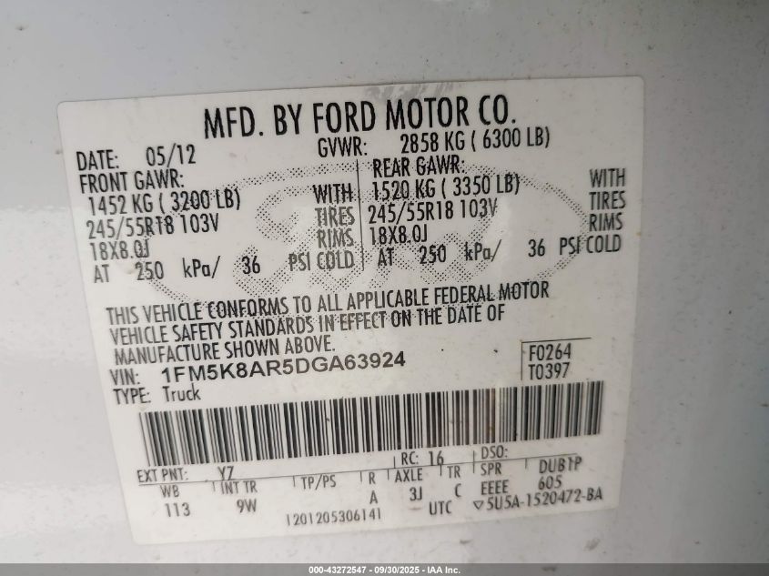 2013 Ford Police Interceptor VIN: 1FM5K8AR5DGA63924 Lot: 43272547