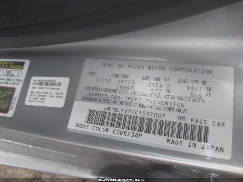 2012 Mazda Mazda3 I Touring VIN: JM1BL1V71C1597007 Lot: 43272549