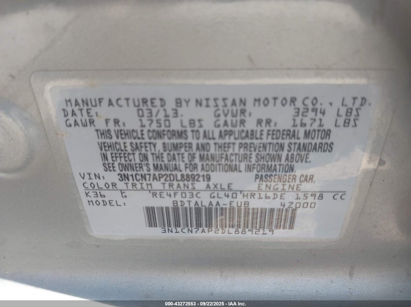 2013 Nissan Versa 1.6 S VIN: 3N1CN7AP2DL889219 Lot: 43272553