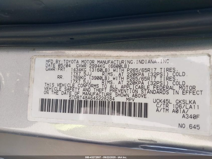 2004 Toyota Sequoia Limited V8 VIN: 5TDBT48A64S228284 Lot: 43272557