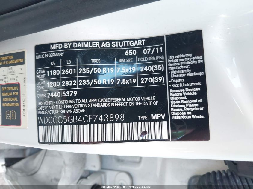 2012 Mercedes-Benz Glk 350 VIN: WDCGG5GB4CF743898 Lot: 43272568