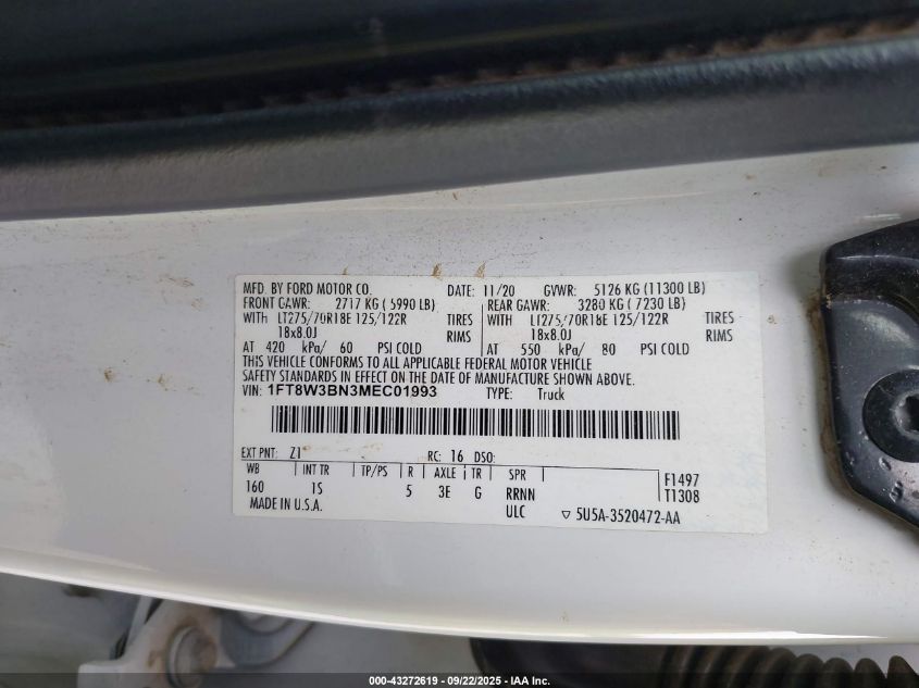 2021 Ford F-350 Xl VIN: 1FT8W3BN3MEC01993 Lot: 43272619