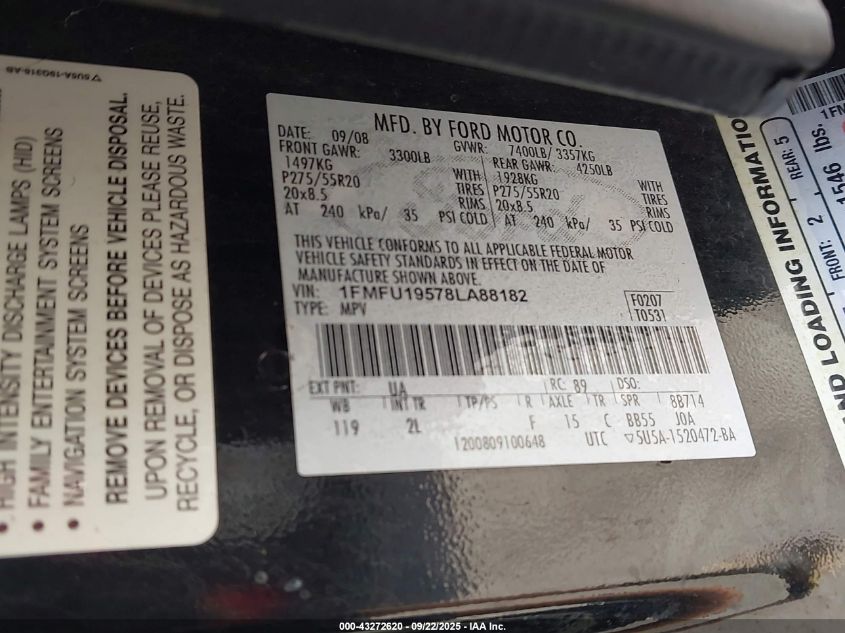 2008 Ford Expedition Limited VIN: 1FMFU19578LA88182 Lot: 43272620