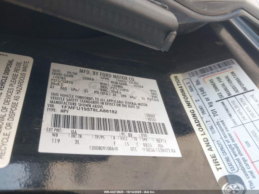 2008 Ford Expedition Limited VIN: 1FMFU19578LA88182 Lot: 43272620