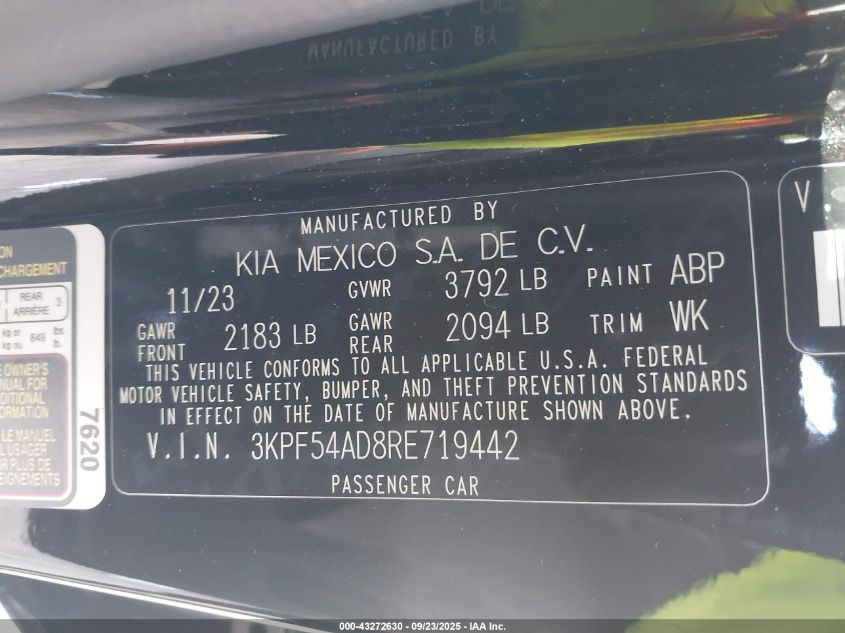 2024 Kia Forte Gt-Line VIN: 3KPF54AD8RE719442 Lot: 43272630