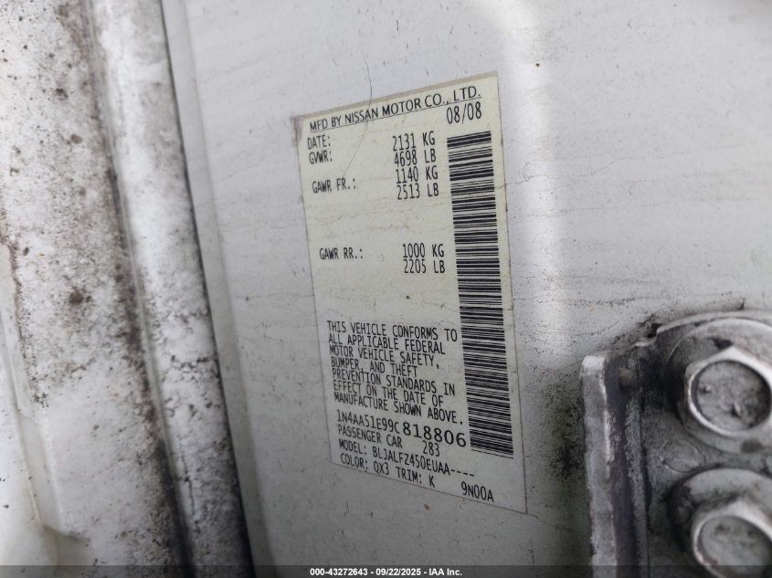 2009 Nissan Maxima 3.5 Sv VIN: 1N4AA51E99C818806 Lot: 43272643