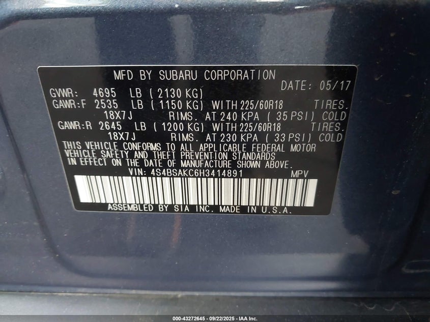 2017 SUBARU OUTBACK 2.5I LIMITED - 4S4BSAKC6H3414891