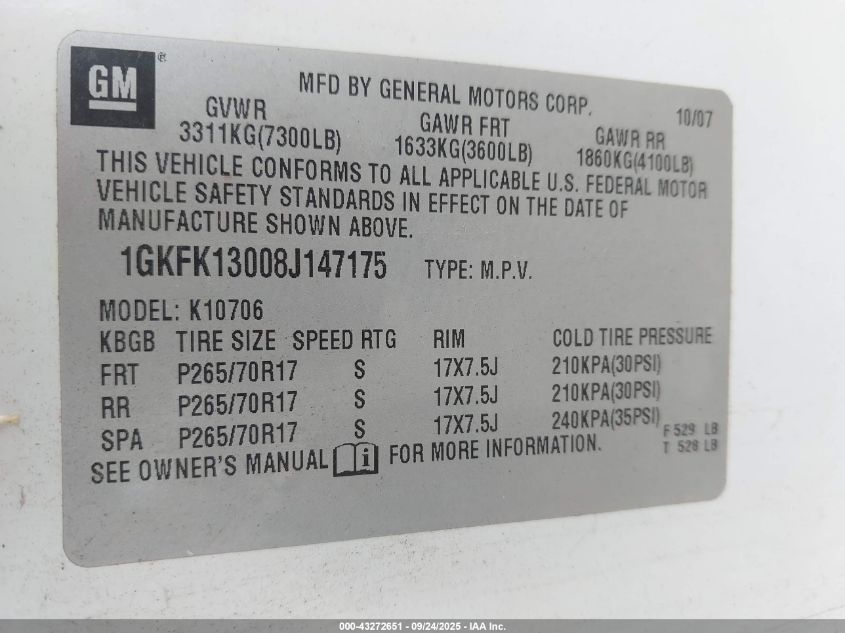 2008 GMC Yukon Slt VIN: 1GKFK13008J147175 Lot: 43272651
