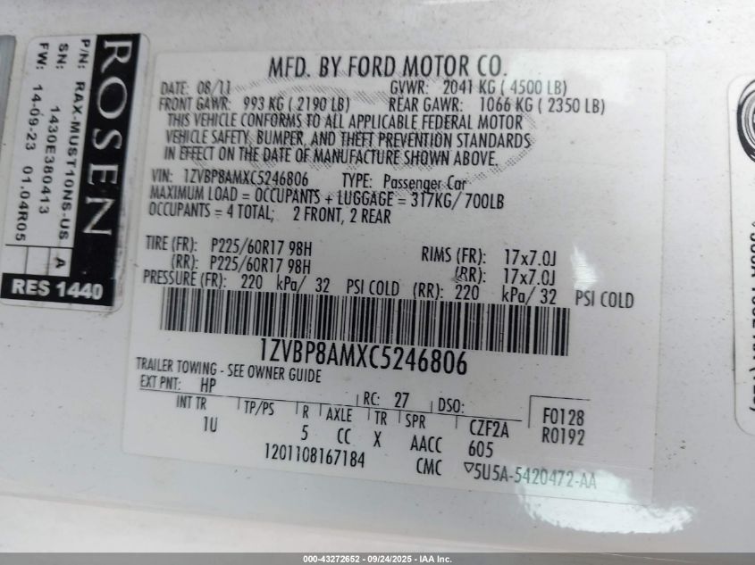 2012 Ford Mustang V6 VIN: 1ZVBP8AMXC5246806 Lot: 43272652