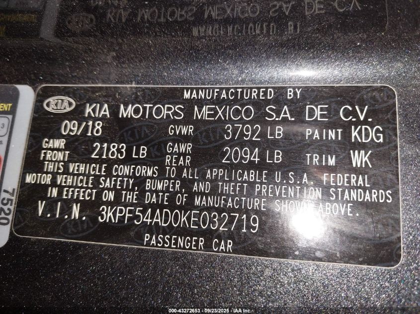 2019 Kia Forte Ex VIN: 3KPF54AD0KE032719 Lot: 43272653