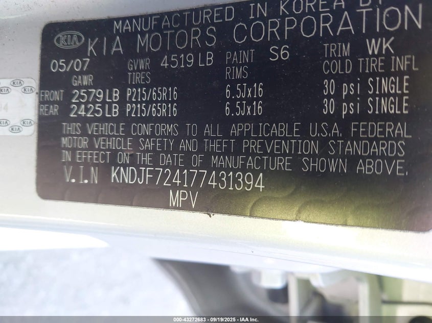 KNDJF724177431394 2007 KIA SPORTAGE photo no. 9