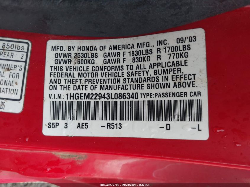 2003 Honda Civic Ex VIN: 1HGEM22943L086340 Lot: 43272702