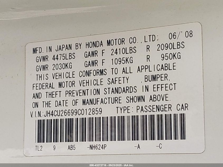 2009 Acura Tsx VIN: JH4CU26699C012859 Lot: 43272716