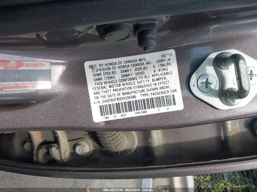 2013 Honda Civic Ex VIN: 2HGFB2F85DH536586 Lot: 43272729