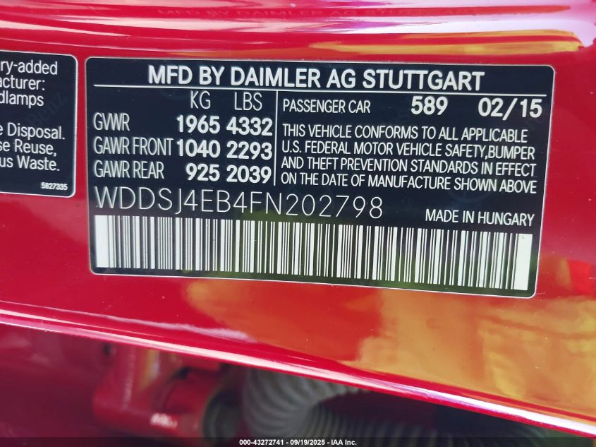 2015 Mercedes-Benz Cla 250 VIN: WDDSJ4EB4FN202798 Lot: 43272741