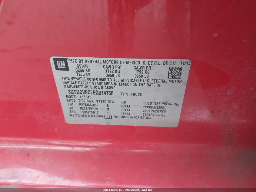 2014 GMC Sierra 1500 Slt VIN: 3GTU2VEC7EG314758 Lot: 43272745