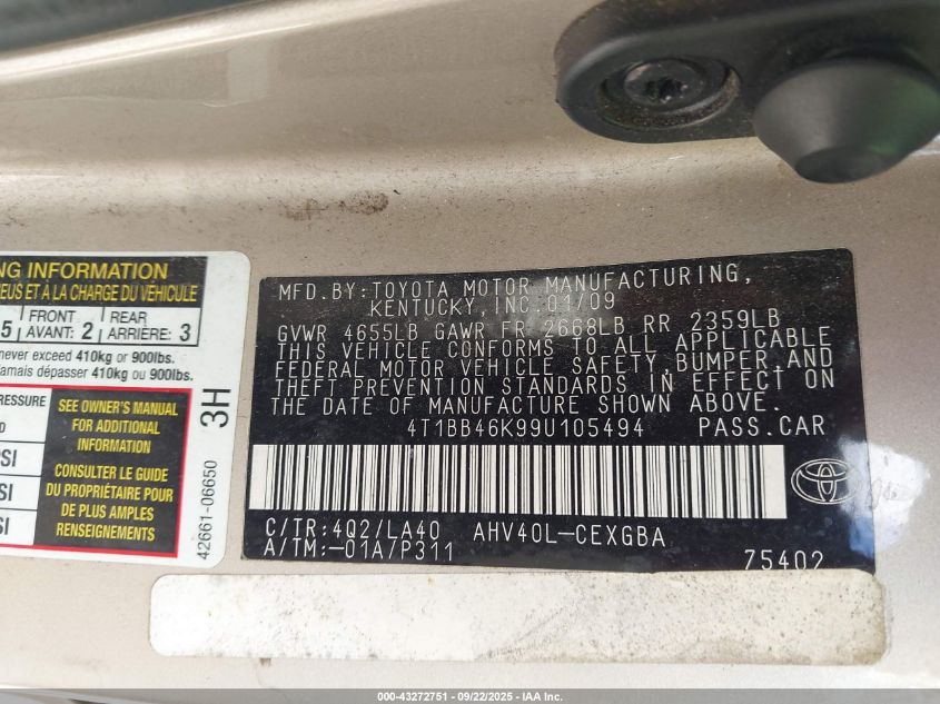 2009 Toyota Camry Hybrid VIN: 4T1BB46K99U105494 Lot: 43272751