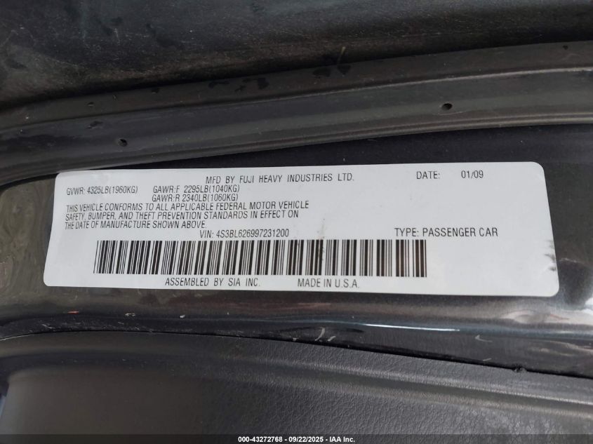 2009 Subaru Legacy 2.5I Limited VIN: 4S3BL626997231200 Lot: 43272768