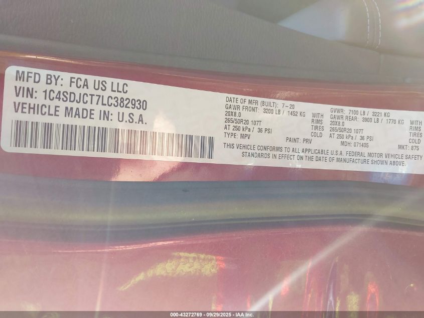 2020 Dodge Durango R/T Awd VIN: 1C4SDJCT7LC382930 Lot: 43272769