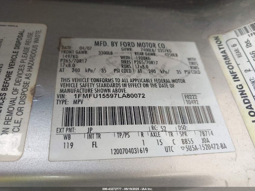 2007 Ford Expedition Xlt VIN: 1FMFU15597LA80072 Lot: 43272777