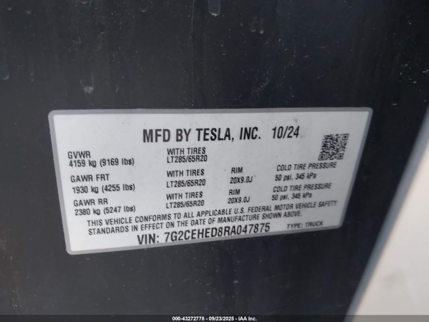 2024 Tesla Cybertruck All-Wheel Drive VIN: 7G2CEHED8RA047875 Lot: 43272778
