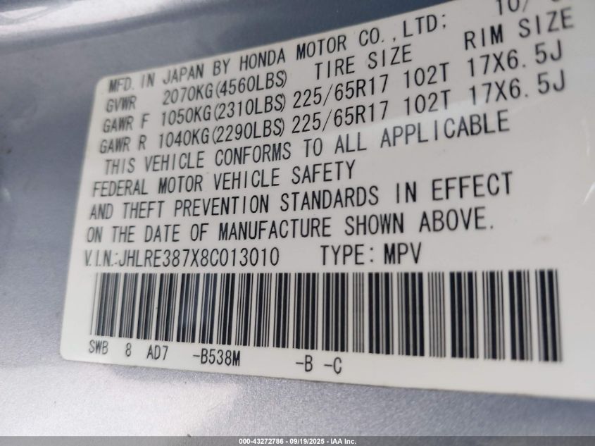 2008 Honda Cr-V Ex-L VIN: JHLRE387X8C013010 Lot: 43272786