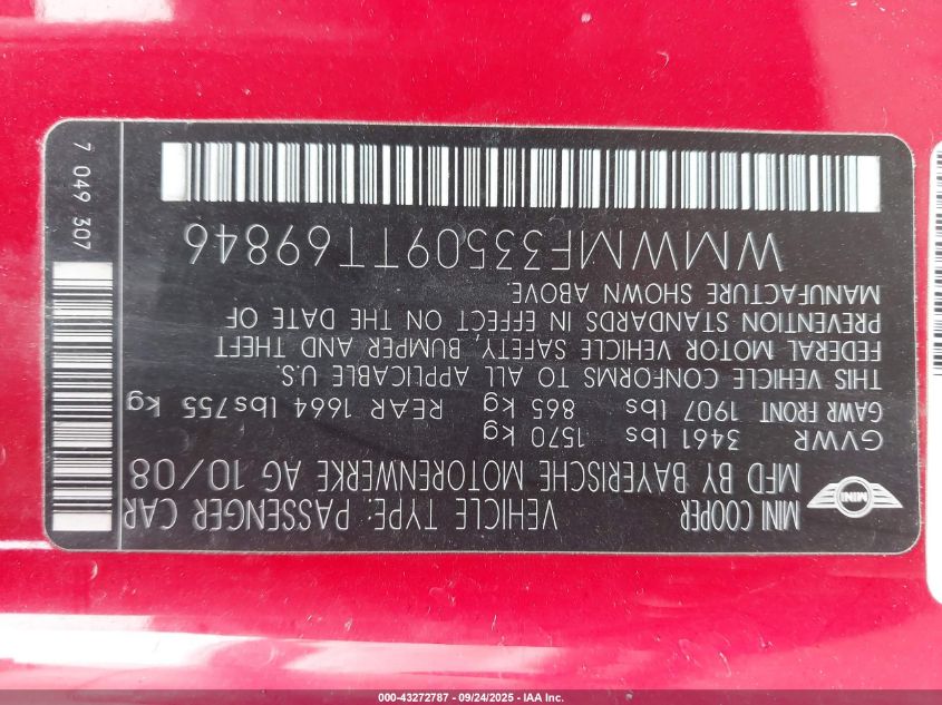 2009 Mini Cooper VIN: WMWMF33509TT69846 Lot: 43272787