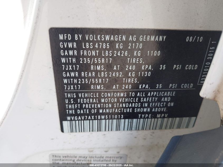 2011 Volkswagen Tiguan Se VIN: WVGAV7AX1BW511013 Lot: 43272789