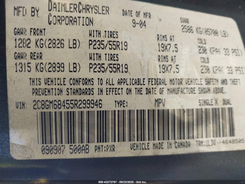 2005 Chrysler Pacifica Touring VIN: 2C8GM68455R299946 Lot: 43272797