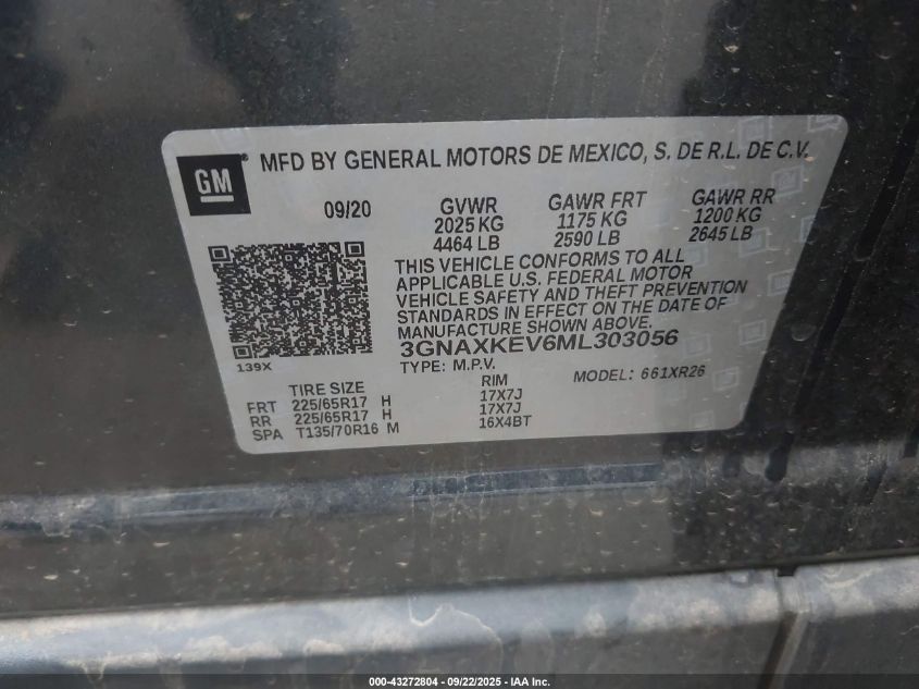 2021 Chevrolet Equinox Fwd Lt VIN: 3GNAXKEV6ML303056 Lot: 43272804