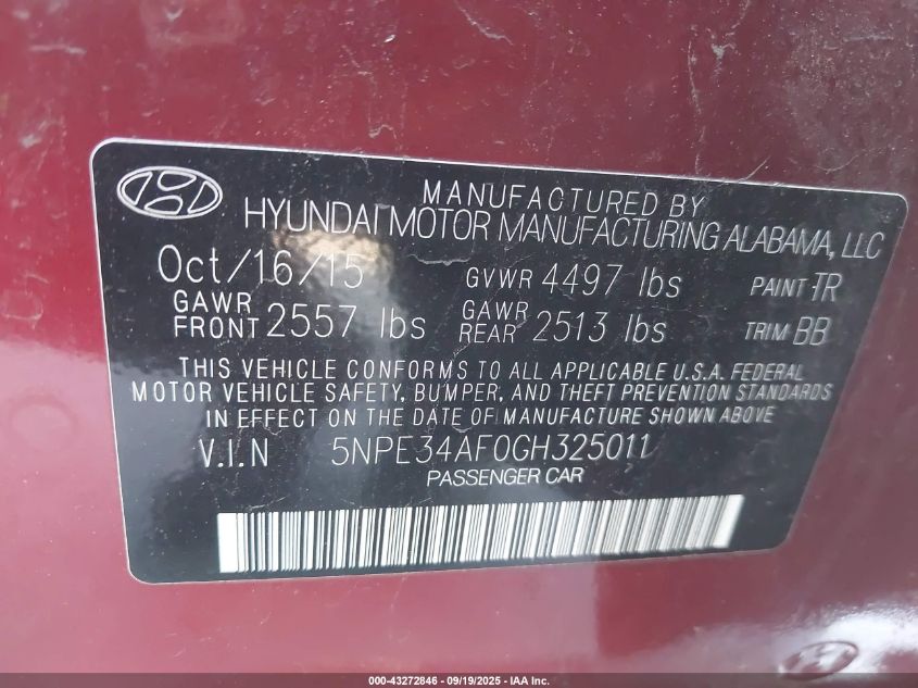 2016 Hyundai Sonata Sport VIN: 5NPE34AF0GH325011 Lot: 43272846