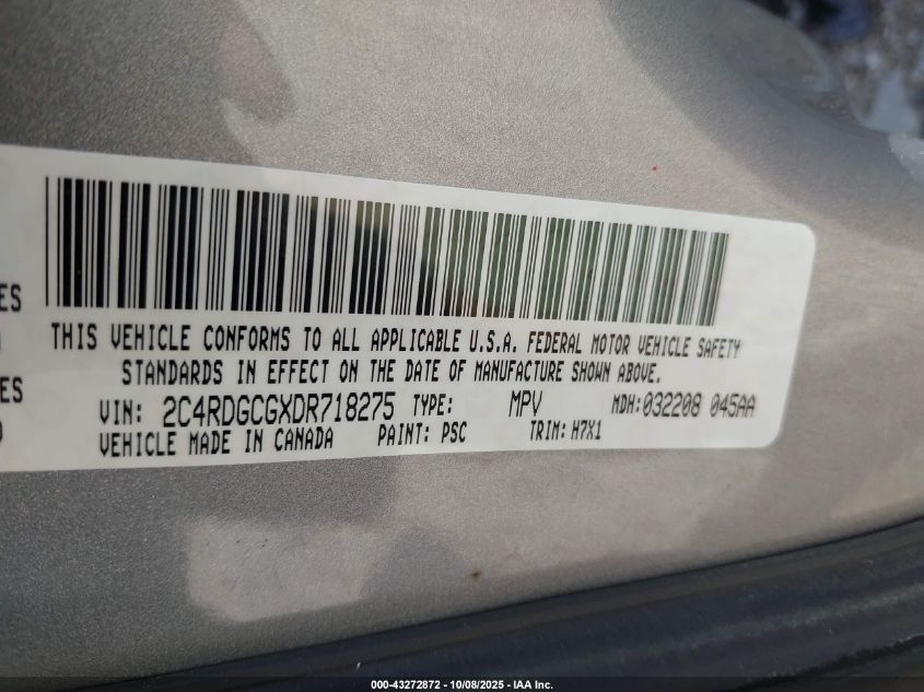 2013 Dodge Grand Caravan Sxt VIN: 2C4RDGCGXDR718275 Lot: 43272872