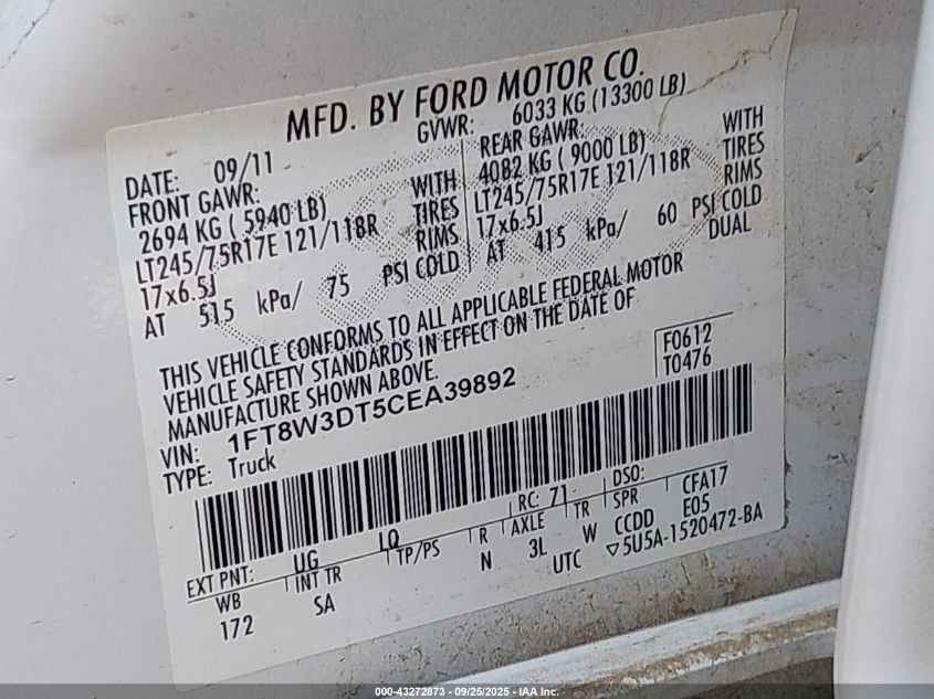 2012 Ford F-350 Lariat VIN: 1FT8W3DT5CEA39892 Lot: 43272873