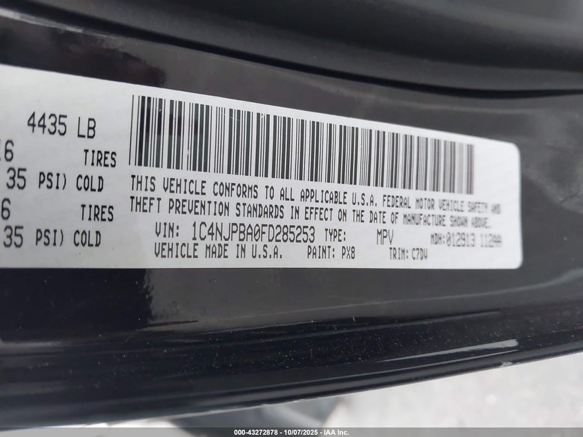 2015 Jeep Patriot Sport VIN: 1C4NJPBA0FD285253 Lot: 43272878