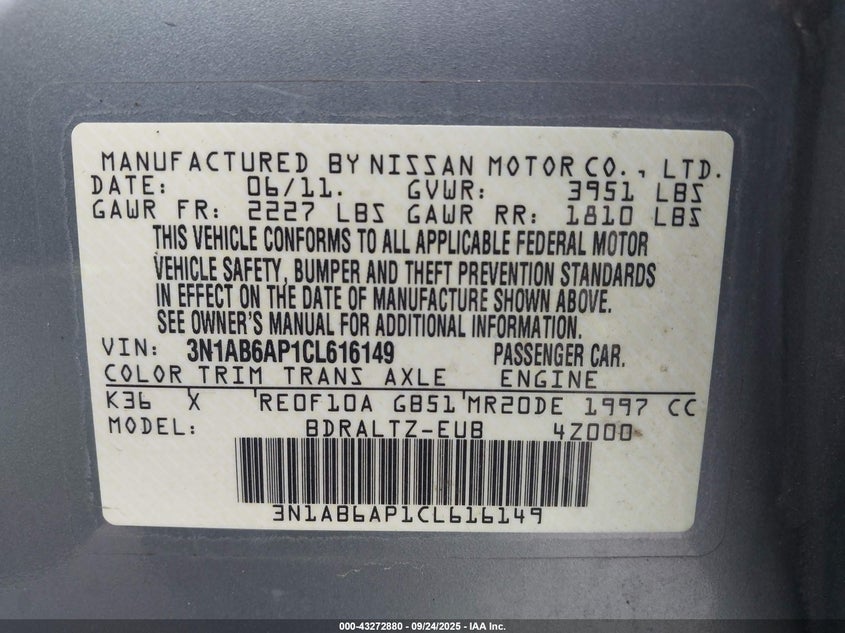 2012 Nissan Sentra 2.0 S VIN: 3N1AB6AP1CL616149 Lot: 43272880