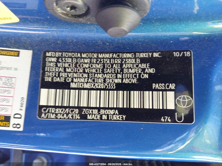 2019 Toyota C-Hr Le VIN: NMTKHMBX2KR075333 Lot: 43272894