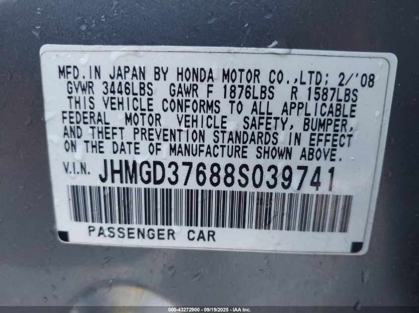 2008 Honda Fit Sport VIN: JHMGD37688S039741 Lot: 43272900