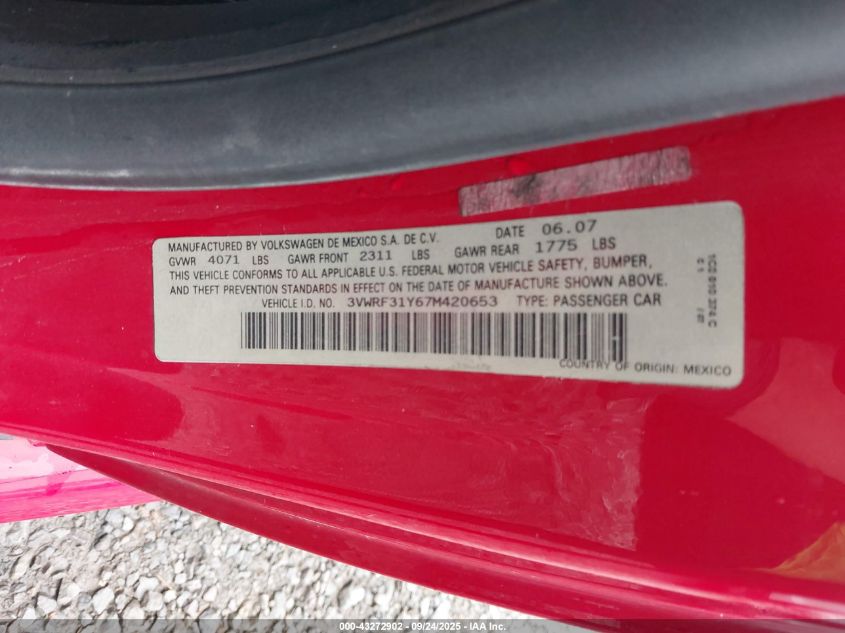 2007 Volkswagen New Beetle 2.5 VIN: 3VWRF31Y67M420653 Lot: 43272902
