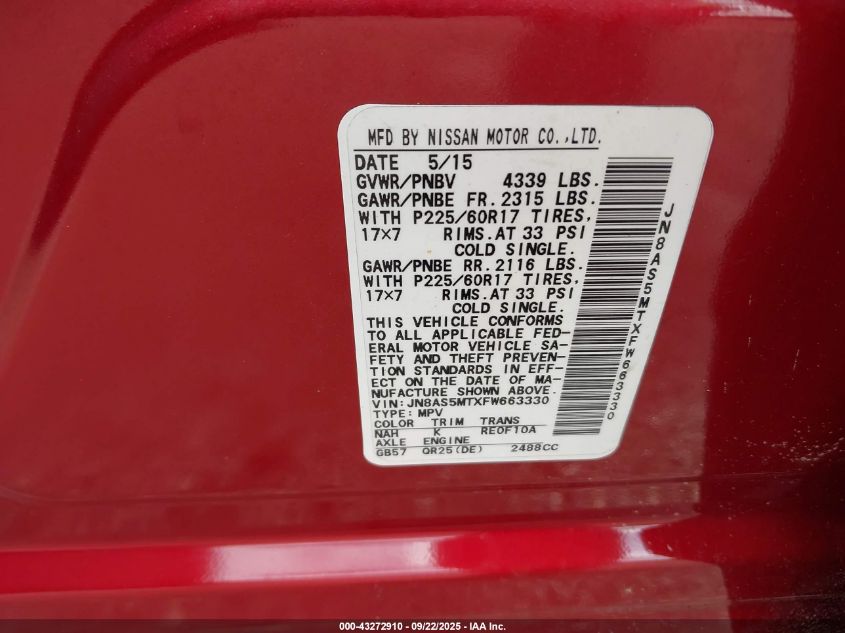 2015 Nissan Rogue Select S VIN: JN8AS5MTXFW663330 Lot: 43272910