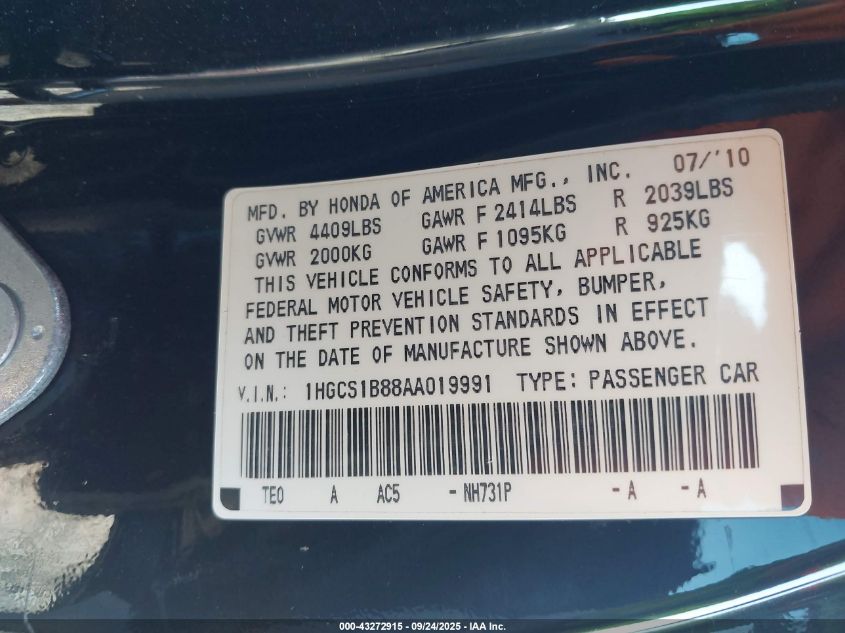 2010 Honda Accord 2.4 Ex-L VIN: 1HGCS1B88AA019991 Lot: 43272915