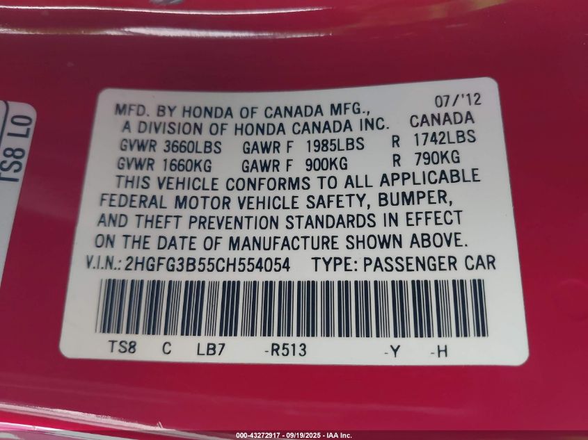 2012 Honda Civic Lx VIN: 2HGFG3B55CH554054 Lot: 43272917