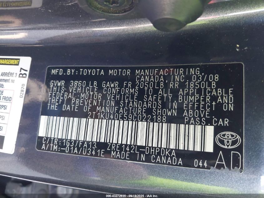 2009 Toyota Matrix VIN: 2T1KU40E59C022188 Lot: 43272935